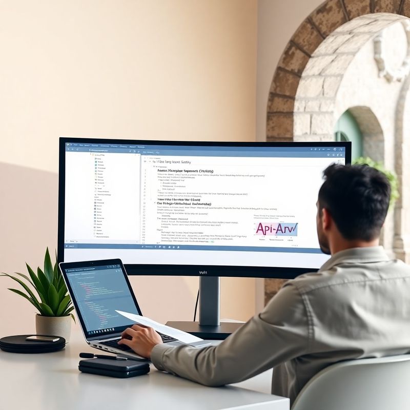 Developer reading API documentation on a large monitor with cream and warm grey gradient background