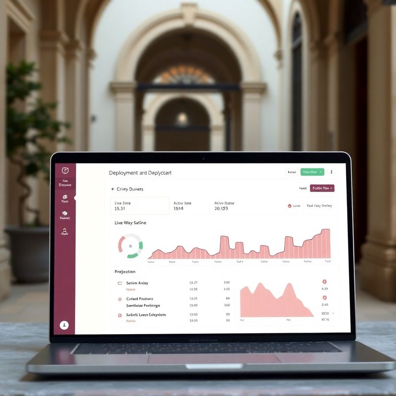 High-fidelity deployment dashboard with cream sidebar and burgundy active-state indicators showing deploy timelines