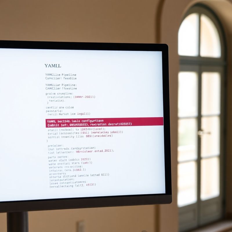 Close-up of a monitor showing YAML pipeline configuration with subtle burgundy syntax highlighting