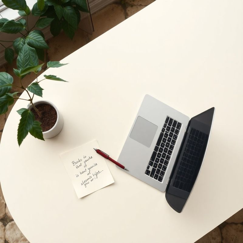 Overhead shot of a sparse cream desk with an open laptop, a handwritten note and a burgundy pen