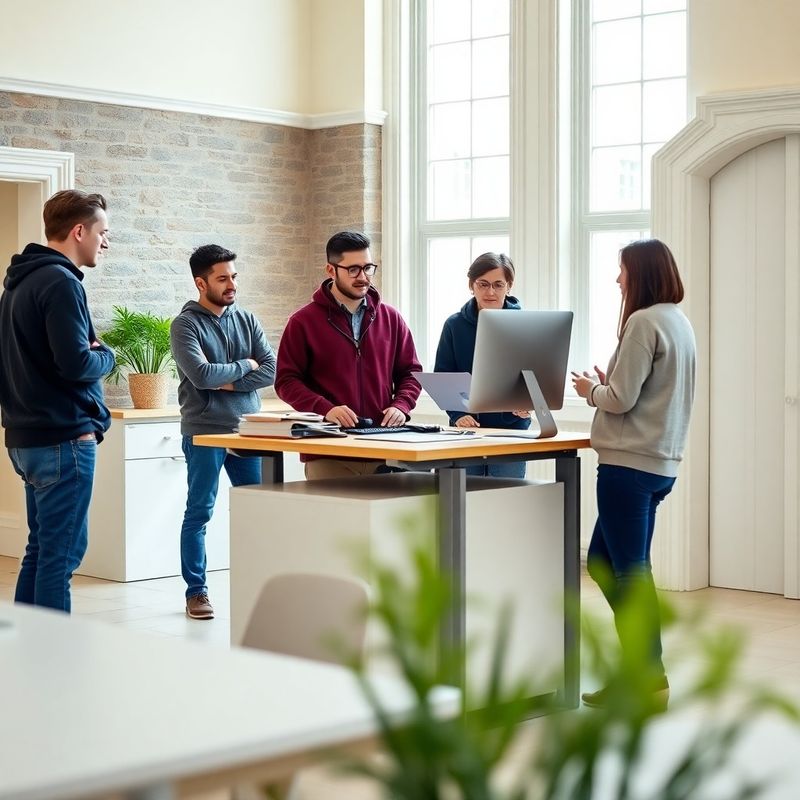 A small engineering team gathered around a standing desk in a bright Irish office with stone walls