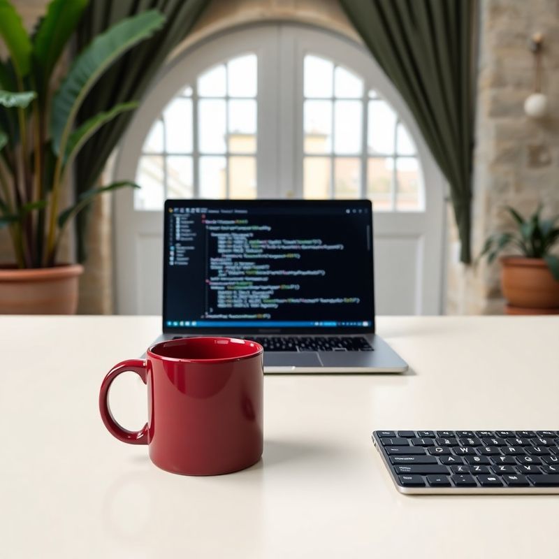 A developer workspace with a glowing terminal on a matte laptop, cream desk and burgundy accent mug